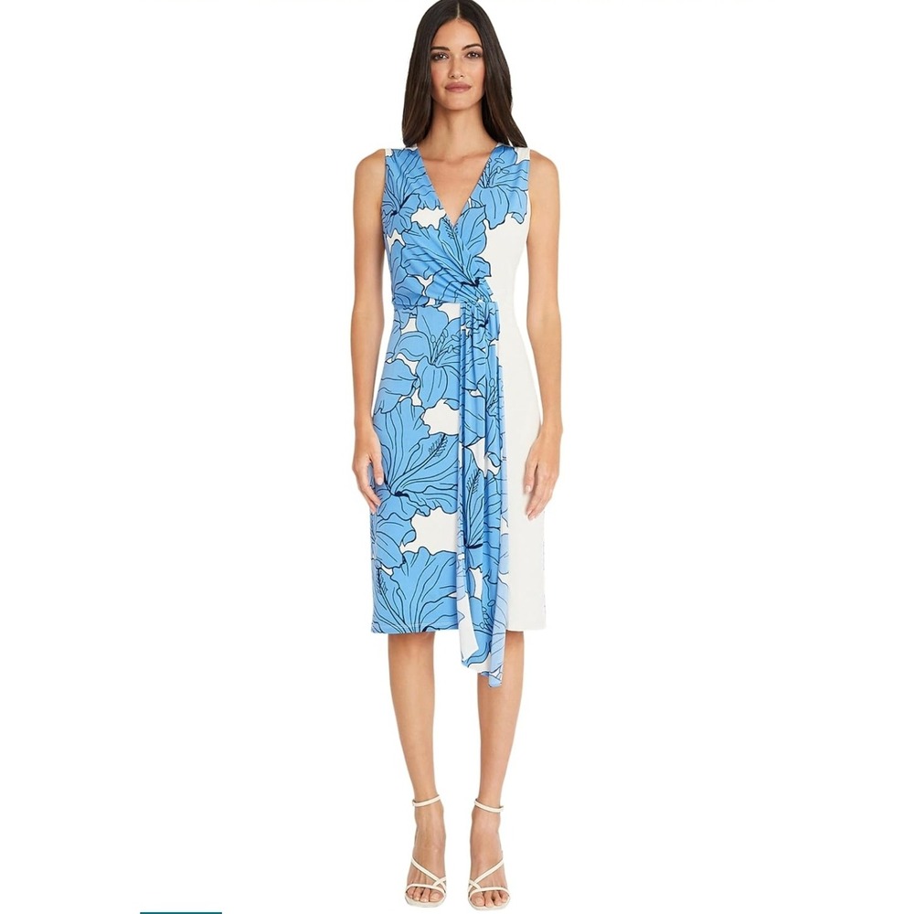 Maggy London Blue White Floral Wrap Sheath Dress Sleeveless V-Neck NWT Size 16